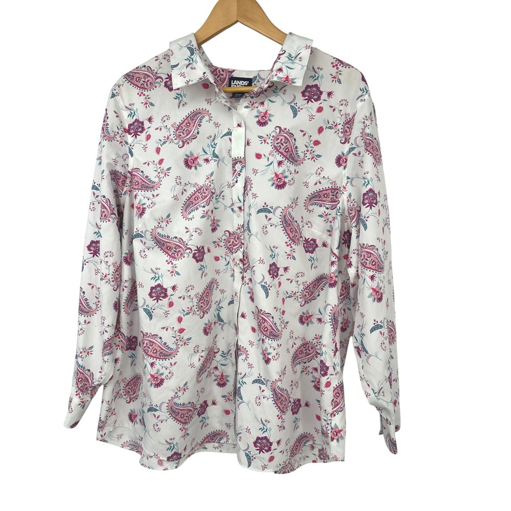Lands' End Paisley Button Down Women 20W Supima Cotton No Iron Preppy Blouse